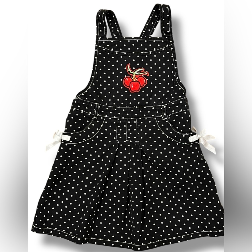 Upcycled Little Girls 5T Overalls Jumper Dress Added Embroidered Cherry Patch